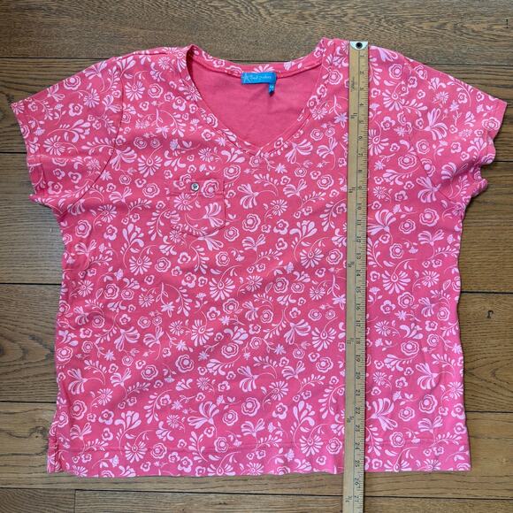 Fresh Produce Pink Floral V Neck T Shirt SZ 3X USA Cotton Pocket Casual Cottage - Picture 6 of 8
